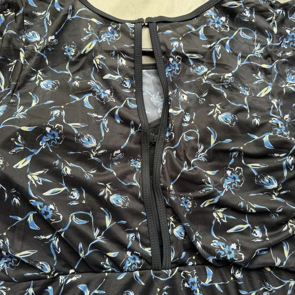 Bloomchic Swim Dress Womens 10 Black Blue Cover Up One Piece Swimsuit Floral